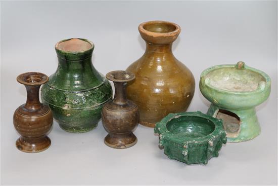 Six Han dynasty or later green or straw glazed pottery vessels